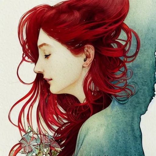 Image similar to side view a beautiful and inspiring intricate watercolor illustration artwork red hair girl, 4 k, ultra - wide angle, by william turner, by victo ngai, by alphonse mucha, by miho hirano, hd, trending on artstation, hyper detailed, muted colors, inspiring, beautiful, energetic