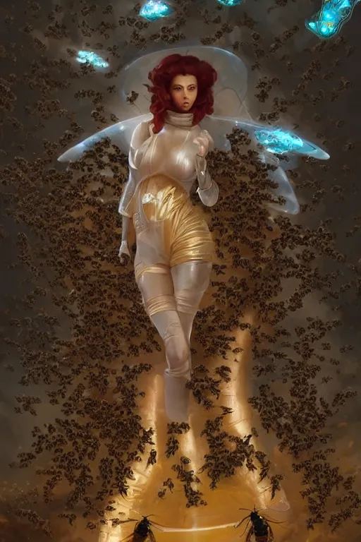 Image similar to fantasy beekeeper, stunning woman, wearing nanotech honeycomb robe, silky, surrounded by bees, futuristic, sci-fi, cinematic, wlop, greg rutkowski, peter mohrbacher