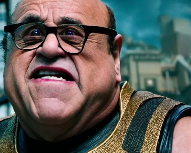 Image similar to danny devito as thanos, cinematic, anamorphic, dramatic, 4 0 mm f / 2. 8