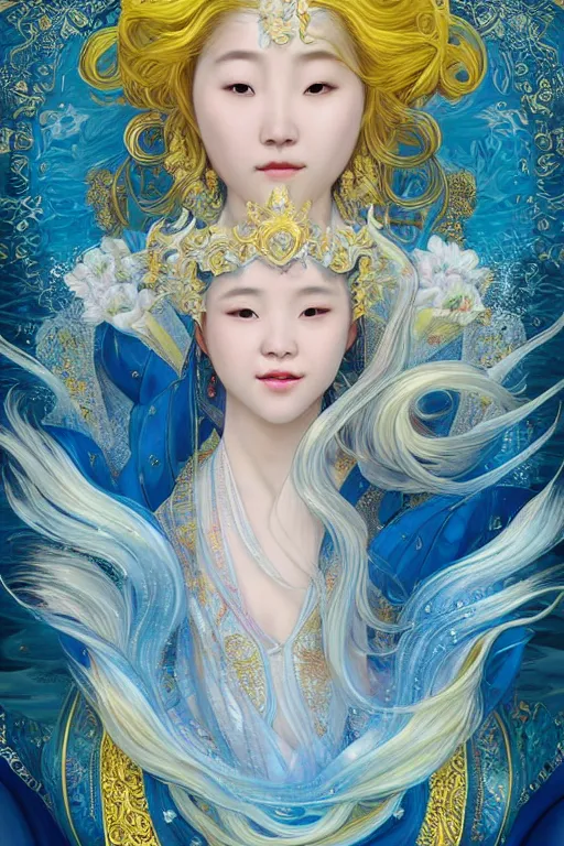 Image similar to a beautiful young Asian woman, Queen of the Sea Mu Yanling, long flowing white hair, blue and yellow robe that resembles floating wings, water flowing and floating around, young female face, liquid magic, cinematic top lighting, insanely detailed and intricate, face by Artgerm, design by Alphonse Mucha, Kuvshinov Ilya, Irakli Nadar, render by krenz cushart, golden ratio, symmetrical proportions, elegant, ornate, luxury, elite, matte painting, MTG, magic the gathering, trending on artstation, cinematic, cgsociety, 8k, high resolution,