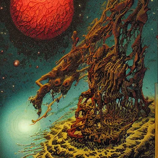 Prompt: Liminal space in outer space by Bernie Wrightson, colorized