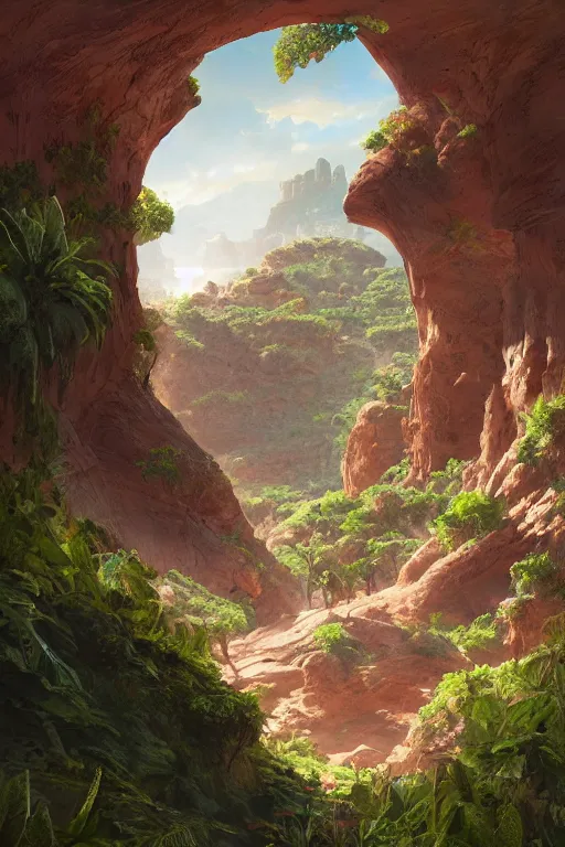 Image similar to beautiful utah desert, rock arcs, lush vegetation, exotic forrest and plants, landscape, alex ross, eddie mendoza, raphael lacoste, sebastian ludke, concept art, matte painting, highly detailed, rule of thirds, dynamic lighting, cinematic, detailed, magnificiant landscape, denoised, centerd