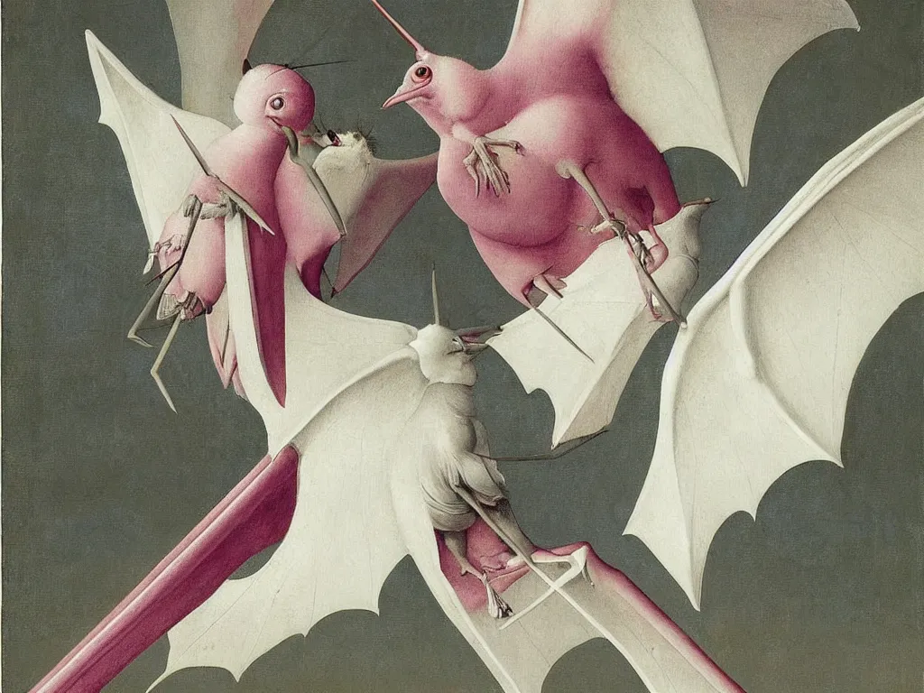 Prompt: beautiful exotic white fluffy bat, long antennae, pink eye. Painting by Jan van Eyck, Bosch, Audubon, Rene Magritte, Agnes Pelton, Max Ernst, Walton Ford