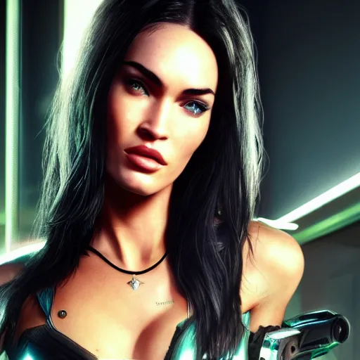 Image similar to Megan Fox portrait, Cyberpunk 2077, ultra photorealistic, cybernetic body parts