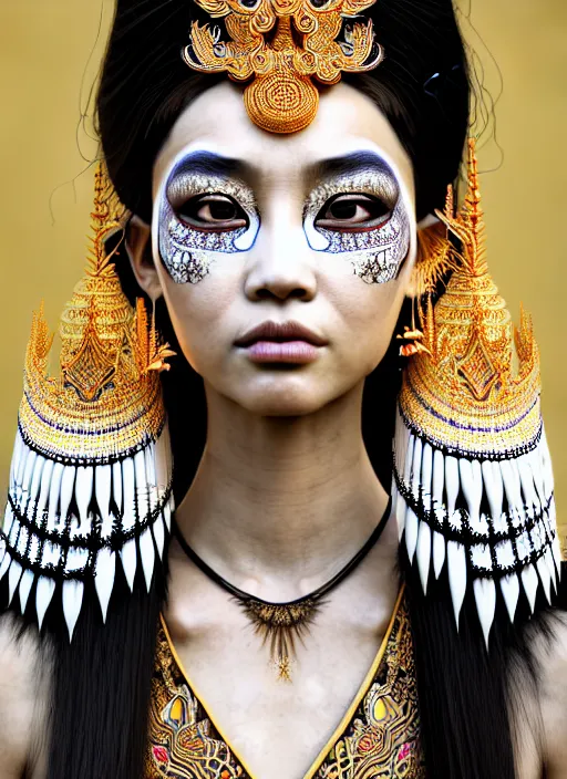 Image similar to absurdly beautiful young thai woman with symmetrical white makeup, wearing an intricate headdress made from bones, wearing large earrings made from white bones, hyperdetailed illustration by irakli nadar and alexandre ferra, intricate linework, in the style of a national geographic portrait, unreal engine 5 highly rendered, global illumination, radiant light, detailed and intricate environment