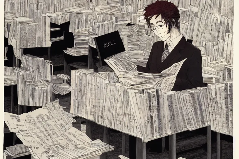 Image similar to a student reading all the human knowledge made to date with papers going towards the horizon, katsuhiro otomo