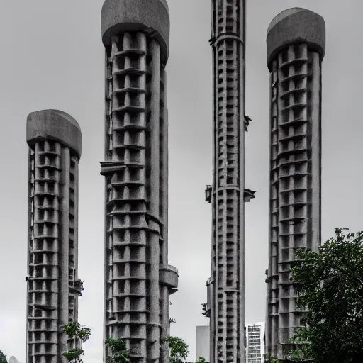 Prompt: a sci - fi beautiful brutalist hypermodern monument, with many rounded brutalist towers sprouting from the base tower creating a feel of a tree - like structure, photography