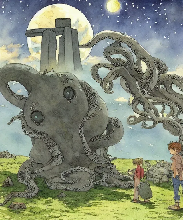 Image similar to a hyperrealist studio ghibli watercolor fantasy concept art. in the foreground is a giant grey octopus building and putting stones in to place on top of stonehenge with a starry sky. by rebecca guay, michael kaluta, charles vess