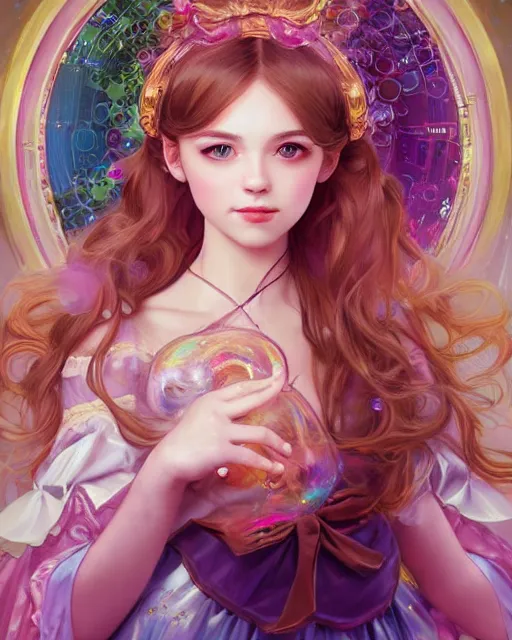 Image similar to portrait of magical lolita girl, dreamy and ethereal, expressive pose, big gold eyes, exciting expression, fantasy, intricate, elegant, many rainbow bubbles, rose tones, highly detailed, digital painting, artstation, concept art, cyberpunk wearing, smooth, sharp focus, illustration, art by artgerm and greg rutkowskiand alphonse mucha