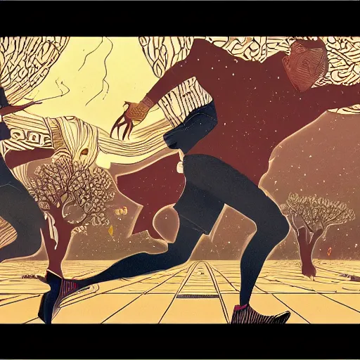 Image similar to a drawing of two men running together, a poster by victo ngai, pixiv contest winner, art nouveau, official art, wiccan, tarot card