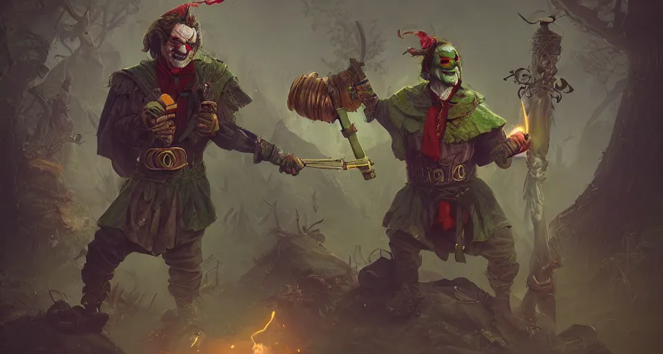 Prompt: robert de niro as medieval joker, crazy colorful clothing, a heavy golden mace in his hands, wandering through a forbidden forest, trending on artstation, style of peter mohrbacher, octane render, unreal engine