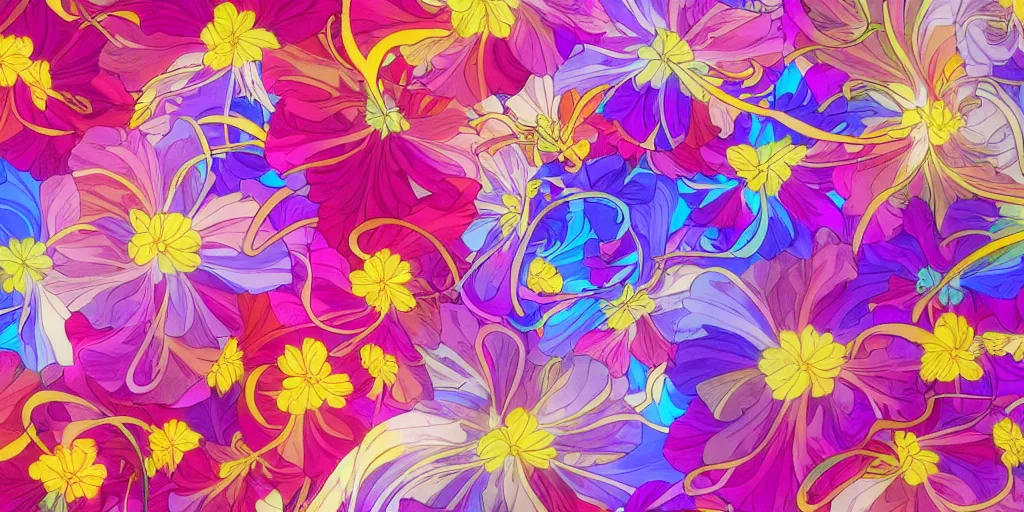 Prompt: background art of spaciously scattered multi colored flower petals flowing through the air from left to right on a clean background, acanthus scroll, fibonacci rhythms, petals, anime, artgerm, manga, trending on artstation, art nouveau