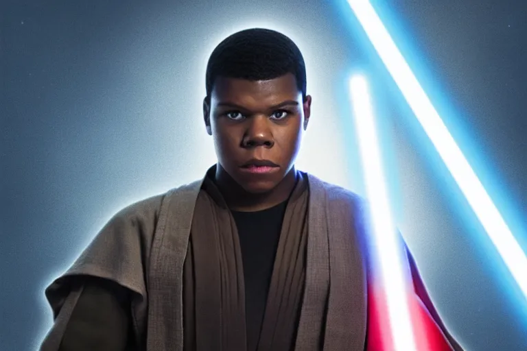 Image similar to Star Wars, Finn played by John Boyega wears jedi robes and wields lightsaber standing alone, full body shot, ultra realistic, 4K, movie still, UHD, sharp, detailed, cinematic, render