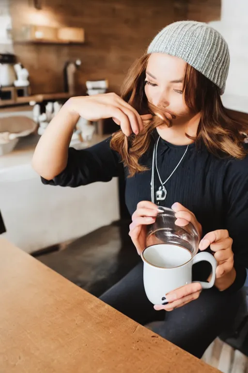 Image similar to a young woman diving into a cup of coffee