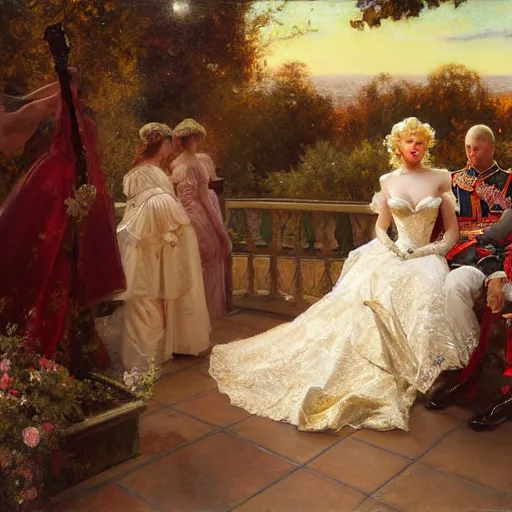 Image similar to painting of prince william marrying attractive marilyn monroe, painting at the victoria and albert museum, highly detailed painting by gaston bussiere, craig mullins, j. c. leyendecker 8 k