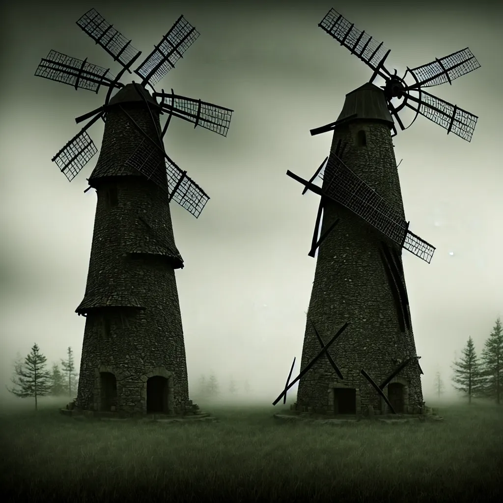 Prompt: evil witches wearing animal bones, old stone windmill, forest background, a detailed matte painting, fantasy, foggy, dark, 8 k