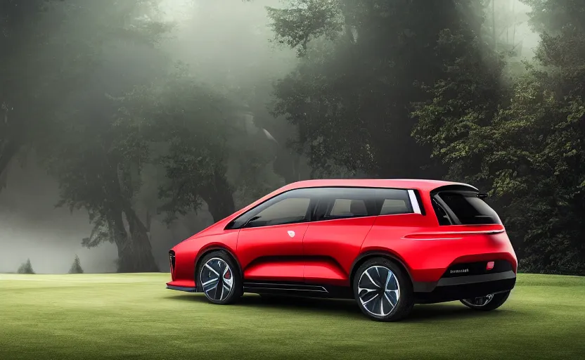 Prompt: the electric suv honma will release soon, outdoor product photography on a golf course, fog, very besautiful ambient light, sun rays behind the lake