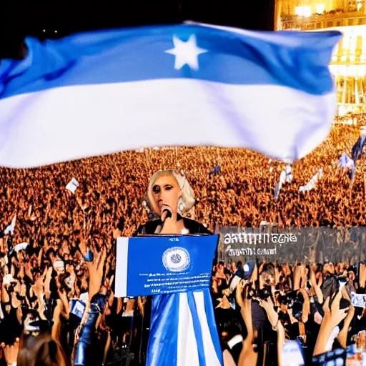 Image similar to Lady Gaga as president, Argentina presidential rally, Argentine flags behind, bokeh, giving a speech, detailed face, Argentina