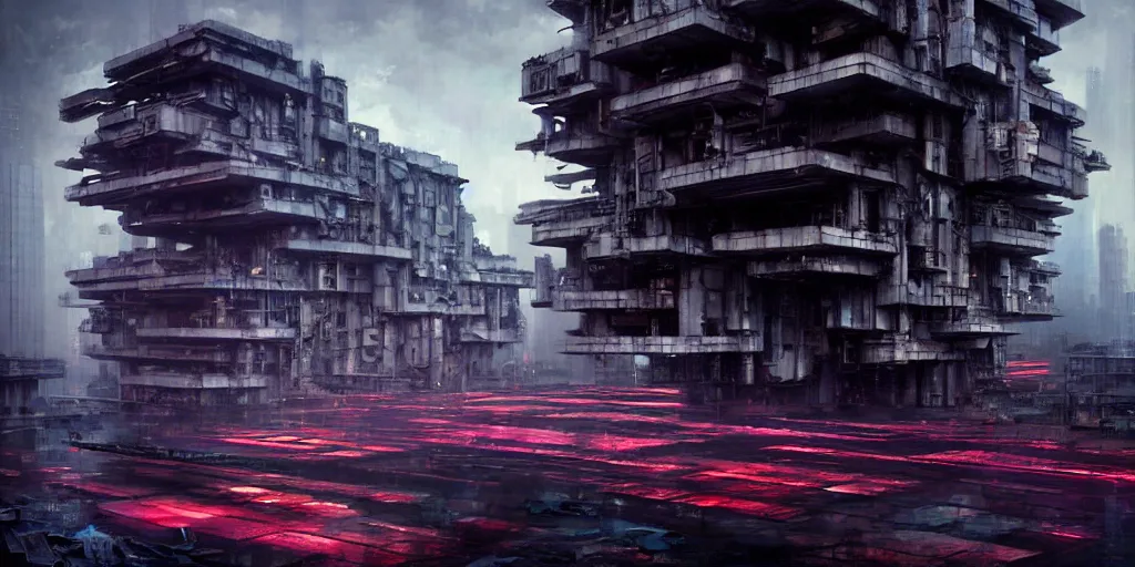 Image similar to pixelated concept art, octane render, a brooding, dystopian city ruins, reflections, volumetric neon lighting, dramatic, white neon glow, 8 k, ultra - hd, insanely detailed and intricate, hypermaximalist, brutalist habitat 6 7, elegant, ornate, by gerald brom, by syd mead, akihiko yoshida, doug chiang, cinematic