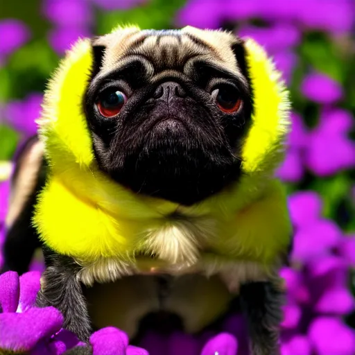 Image similar to bumblebee pug, soft and fluffy, macro photography, high resolution photo