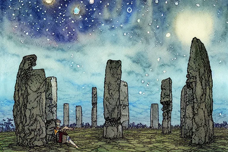 Image similar to hyperrealist studio ghibli watercolor fantasy concept art of a 1 0 0 ft. giant sitting on stonehenge. it is a misty starry night. by rebecca guay, michael kaluta, charles vess