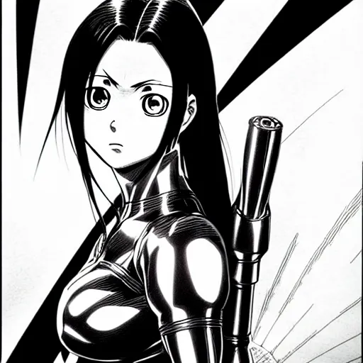 Image similar to alita by yukito kishiro. medium shot. black and white manga. pencil drawing. high detailed face