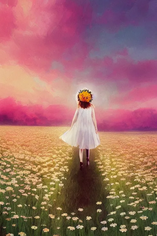 Prompt: giant white daisy flower crown head, veil girl walking in a flower field, surreal photography, sunrise, dramatic light, impressionist painting, colorful clouds, digital painting, artstation, simon stalenhag