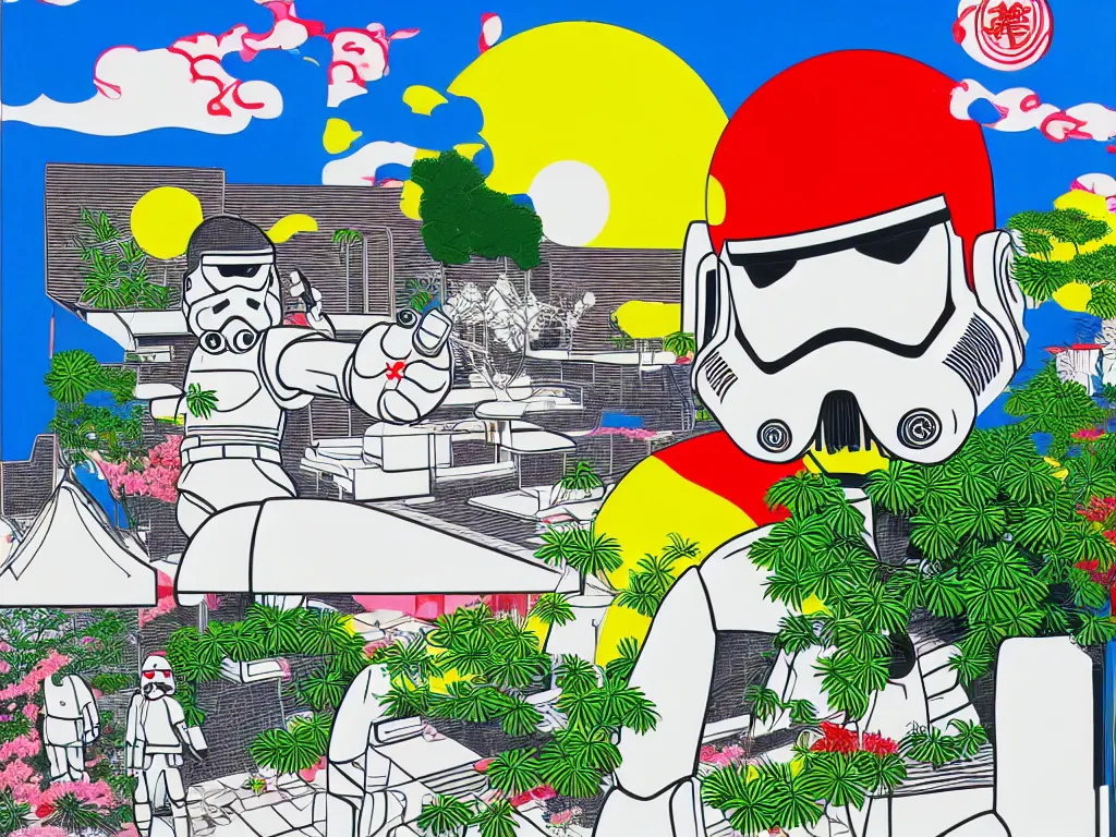 Prompt: hyperrealistic composition of the japanese home with a garden, stormtrooper in hot springs, pop - art style, jacky tsai style, andy warhol style, roy lichtenstein style, pastel palette, acrylic on canvas