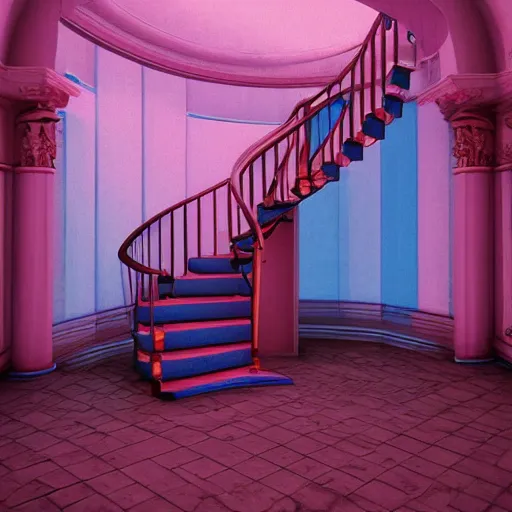 Image similar to a pink and blue interior with a spiral staircase, a raytraced image by Ricardo Bofill, featured on tumblr, retrofuturism, vaporwave, rendered in unreal engine, y2k aesthetic