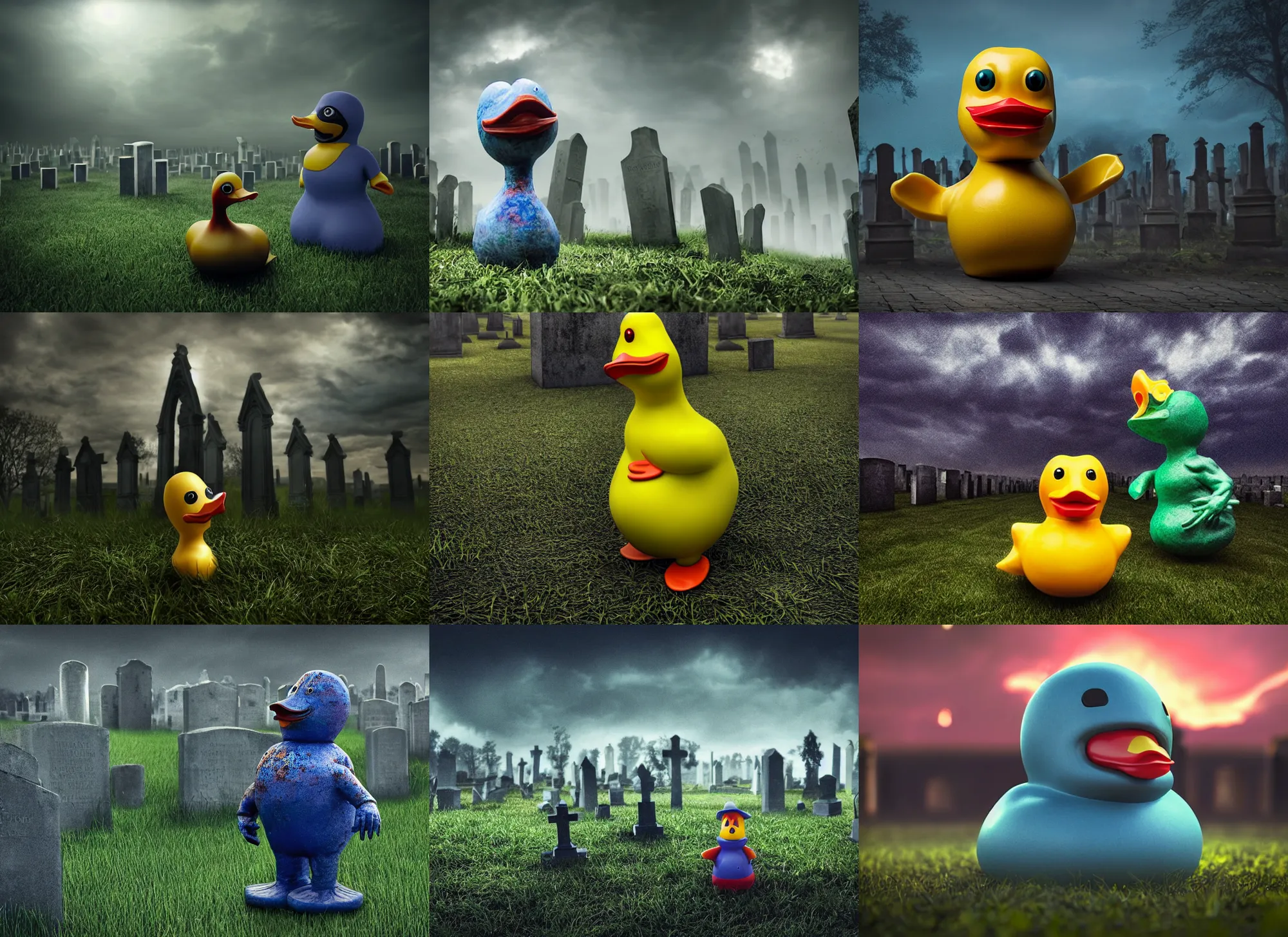 Prompt: high quality 3 d render dark hyperrealist, zombie rubber duck, stands in a dark cemetery. against the background of a dark mysterious sky, blue - green tones, soft outdoor light, low angle, uhd 8 k, sharp focus