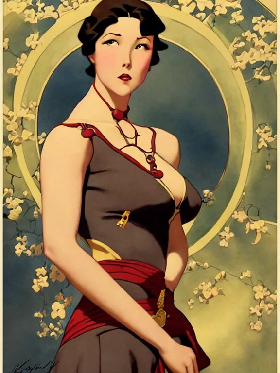 Prompt: korra, a beautiful art nouveau portrait by Gil elvgren, 1920s city environment, centered composition, defined features, golden ratio, gold jewlery, photorealistic professional lighting, cinematic