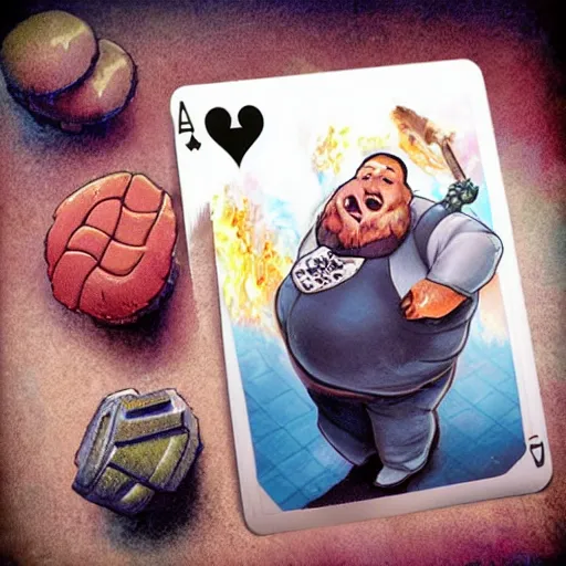 Prompt: a fat man eating a cake as a magic the gathering card, realistic, magic art style