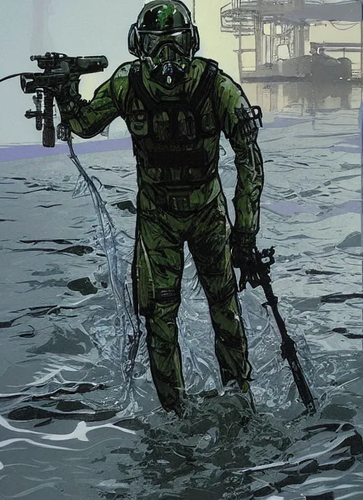 Image similar to Andrea. USN blackops operator emerging from water at the shoreline. Operator wearing Futuristic wetsuit and looking at an abandoned shipyard. Frogtrooper. rb6s, MGS, and splinter cell Concept art by James Gurney, Alphonso Mucha. Vivid color scheme.