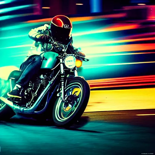 Prompt: grainy album cover of a man racing on a Yamaha XV950/R in front of glowing neon signs at night, motion blur, dual tone lighting, chromatic aberration, atmospheric