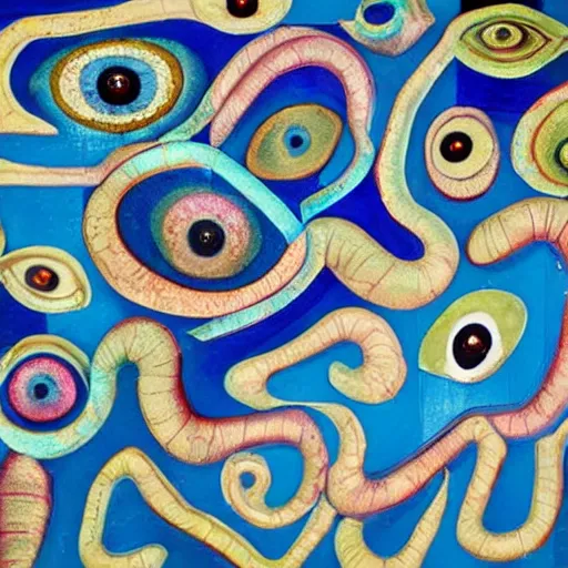 Image similar to A beautiful sculpture a large eye that is looking directly at the viewer. The eye is composed of a myriad of colors and patterns, and it is surrounded by smaller eyes. The smaller eyes appear to be in a state of hypnosis, and they are looking in different directions. Cinnabon by Gertrude Abercrombie random