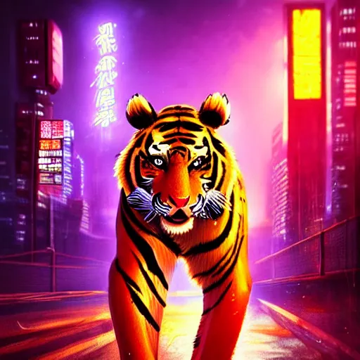 Image similar to a beautfiul award winning commission portrait of an anthro tiger in the neon cyberpunk city at night,wearing a leather jacket,glow effect,detailed face,photorealistic,character design by charles bowater,ross tran,deviantart,artstation,digital art,hyperdetailed,realistoc,western comic style,vfx,dramatic