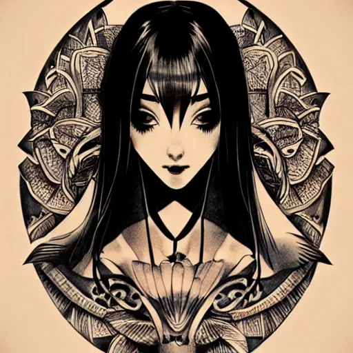 Image similar to tattoo design, stencil, beautiful young female, long dark hair, symmetrical facial features, Japanese, partially clothed in robe, by William-Adolphe Bouguerea and artgerm