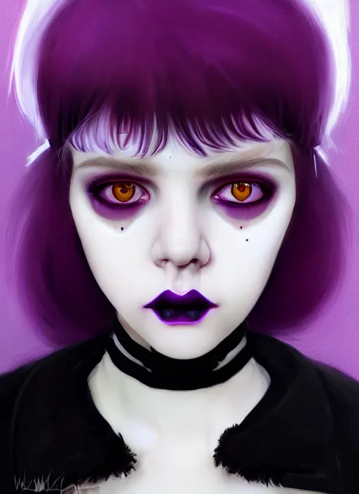 Image similar to portrait of white teenage girl, normal face, white bangs, mall goth, cyberlox, black and white hair, bangs, fluffy bangs, red contact lenses, purple lipstick, intricate, elegant, highly detailed, digital painting, artstation, concept art, sharp focus, smooth, illustration, art by wlop, mars ravelo and greg rutkowski