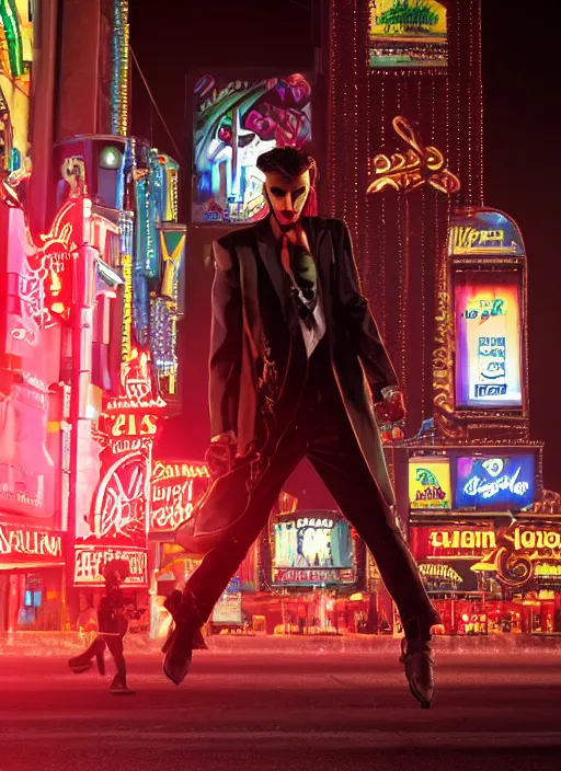 Image similar to 35mm kodak portra photograph of a shadowrun vampire on the Las Vegas strip at night by tomer hanuka and tom bagshaw, handsome face, blood, urban fantasy, hyper realism, high detail, octane render, 8k, trending on artstation, CGsociety, concept art