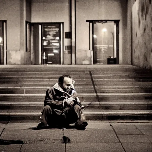 Prompt: homeless man sitting, smoking ,city at night, barely visible,in style of Valerio D'Ospina