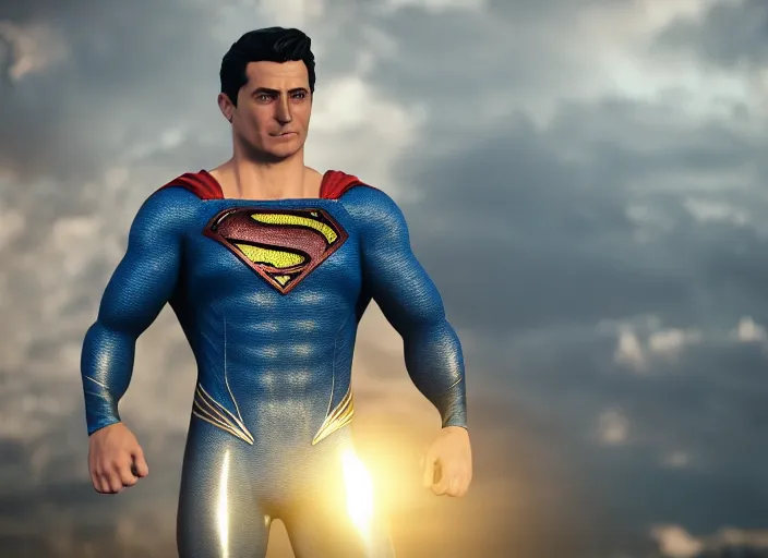 Prompt: zelensky fused with superman, ultra realistic 4 k unreal engine very cinematic render with ray tracing bloom ambient occlusion strong reflections