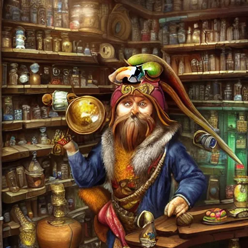 Prompt: Fantasy artwork of Anthropomorphized parrot trader in his shop, shelves full, selling a gem, portrait, items, magic potions, carpet, window, fancy funny hat, sly expression , cunning expression, cute expression, presenting magic gem, D&D, fantasy, cinematic lighting, highly detailed, digital painting, artstation, concept art, smooth, sharp focus, illustration, warm light, cozy warm tint, magic the gathering artwork, volumetric lighting, 8k, no gold, no gold colours, art by Akihiko Yoshida and Greg Rutkowski