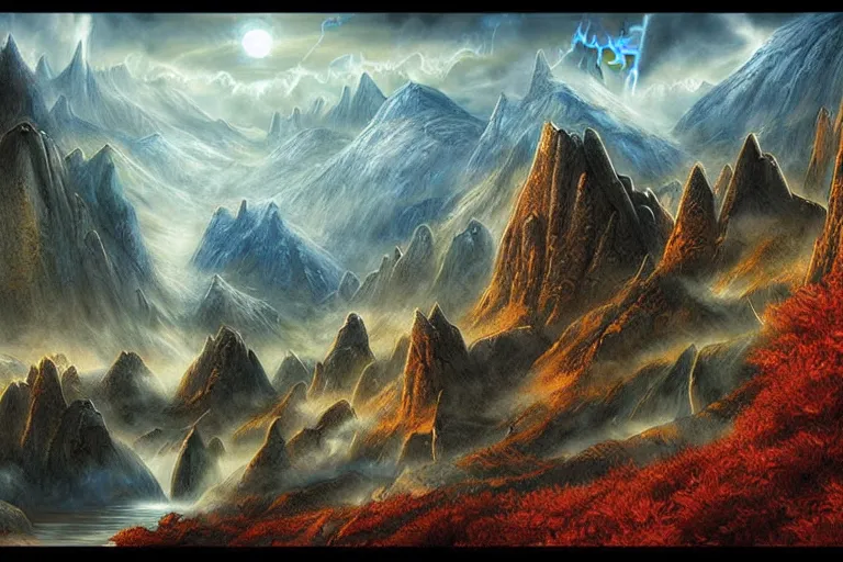 Prompt: ultra realistic illustration, epic high fantasy landscape. dragonlance graphic art print by erol otus