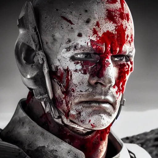Image similar to headshot of a 5 0 year old soldier vertical grooves on the ridge of his nose, angular eyebrows, blood - spattered glossy sleek white dinged scuffed armor and a long torn red cape, heroic posture, battle - weary, strained expression, determined expression, no helmet, on the surface of mars, dramatic lighting, cinematic, sci - fi, hyperrealistic, detailed