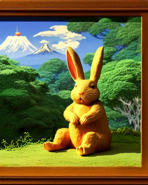 Image similar to a rabbit bear, sitting in tokyo, unique, sunny day, highly detailed, masterpiece, award winning, realistic, art by thomas cole and studio ghibli