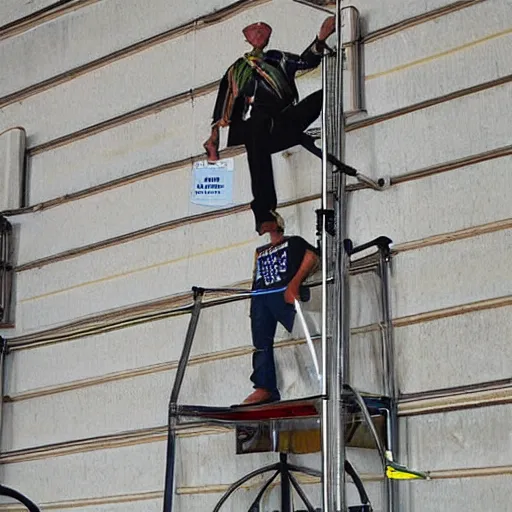 Prompt: man voting on stilts 20 feet in feet in the air
