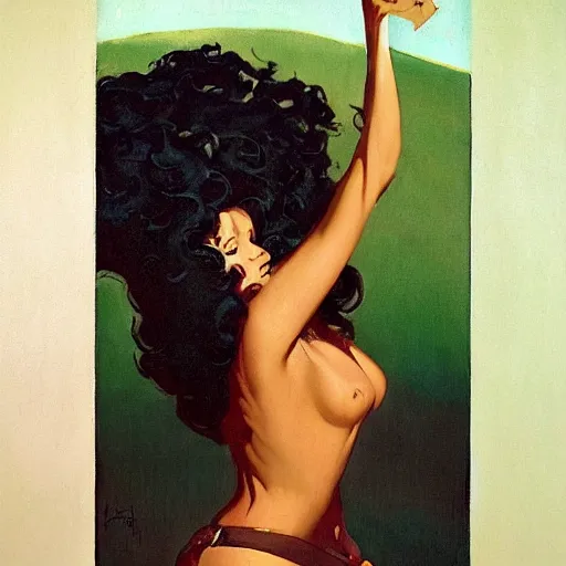 Image similar to a oil painting of a fair skin with dark curly stylised hair queen wearing dress, by hans emmenegger, by bruce pennington, by eyvind earle, by nicholas roerich, by frank frazetta, by georgia o keeffe, by dean cornwell, highly detailed, realistic, concept art, jewels, oriental, desaturated