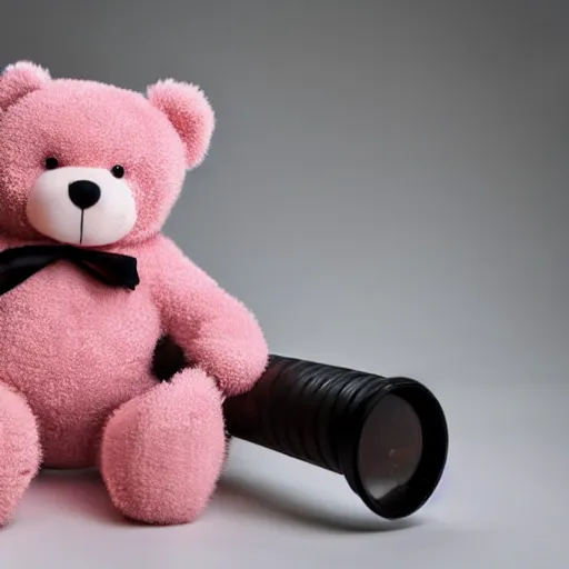 Prompt: pink fluffy teddy bear holding machine gun, with scars, studio lighting, real photograph