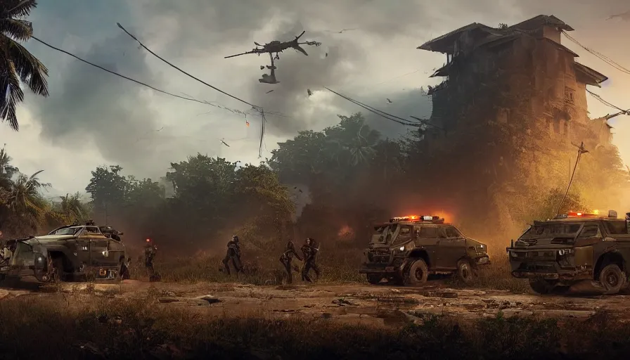 Image similar to a militarized police vehicle riding through a kerala village, troops searching the area, furious action scene, an epic fantasy, dramatic lighting, cinematic, establishing shot, extremely high detail, photorealistic, cinematic lighting, artstation, matte painting, octane render, by simon stalenhag, shadow of the tomb raider
