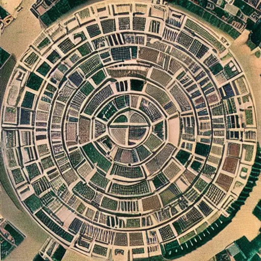 Image similar to A sprawling Mesopotamian city arranged in concentric circles as seen from above, with a giant tower and temple at its center